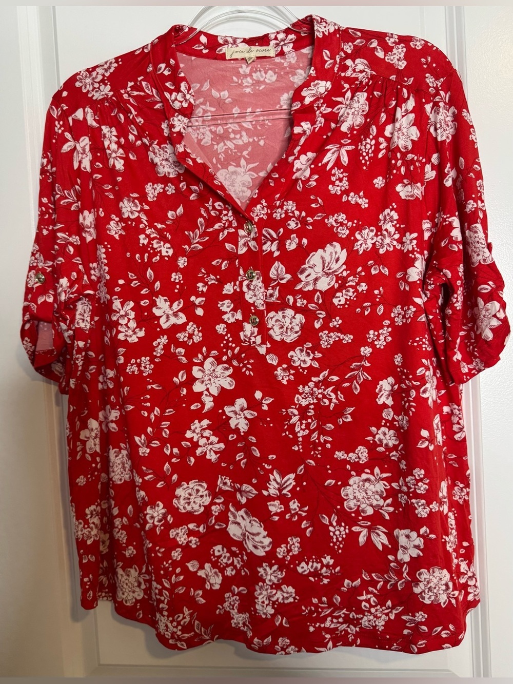 Women’s Red Floral Tunic with Henley Placket size xl stretch